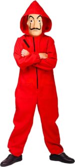 Déguisement Complet La Casa de Papel | Kit Intégral Costume de la Série | Combinaison Rouge à Capuche Enfant (6-10 ans / 140cm) + Masque Dali Officiel | Soirée | Voleur | Braqueur | OriginalCup