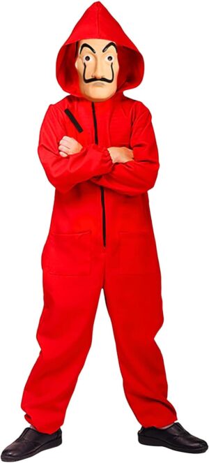 Déguisement Complet La Casa de Papel | Kit Intégral Costume de la Série | Combinaison Rouge à Capuche Enfant (6-10 ans / 140cm) + Masque Dali Officiel | Soirée | Voleur | Braqueur | OriginalCup