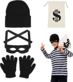 Deguisement Voleur Enfant, Costume de Voleur avec sac d'argent Dollar, Masque Bandit, Bonnets et Gants en Tricot, Deguisement Prisonnier Enfant Accessoires pour Halloween Carnaval Fête à Thème