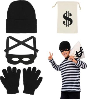 Deguisement Voleur Enfant, Costume de Voleur avec sac d'argent Dollar, Masque Bandit, Bonnets et Gants en Tricot, Deguisement Prisonnier Enfant Accessoires pour Halloween Carnaval Fête à Thème