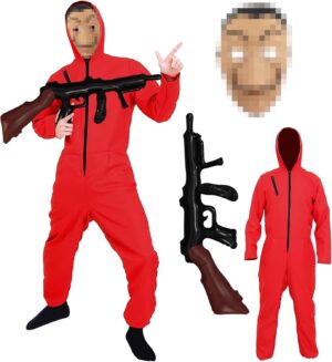 Combinaison de Voleur de Banque,Déguisement Combinaison Voleur Rouge Enfant,Combinaison Rouge à Capuche avec Masque,Halloween Enfant pour Cosplay,Combinaison de Voleur de Banque Utilisé pour Cosplay