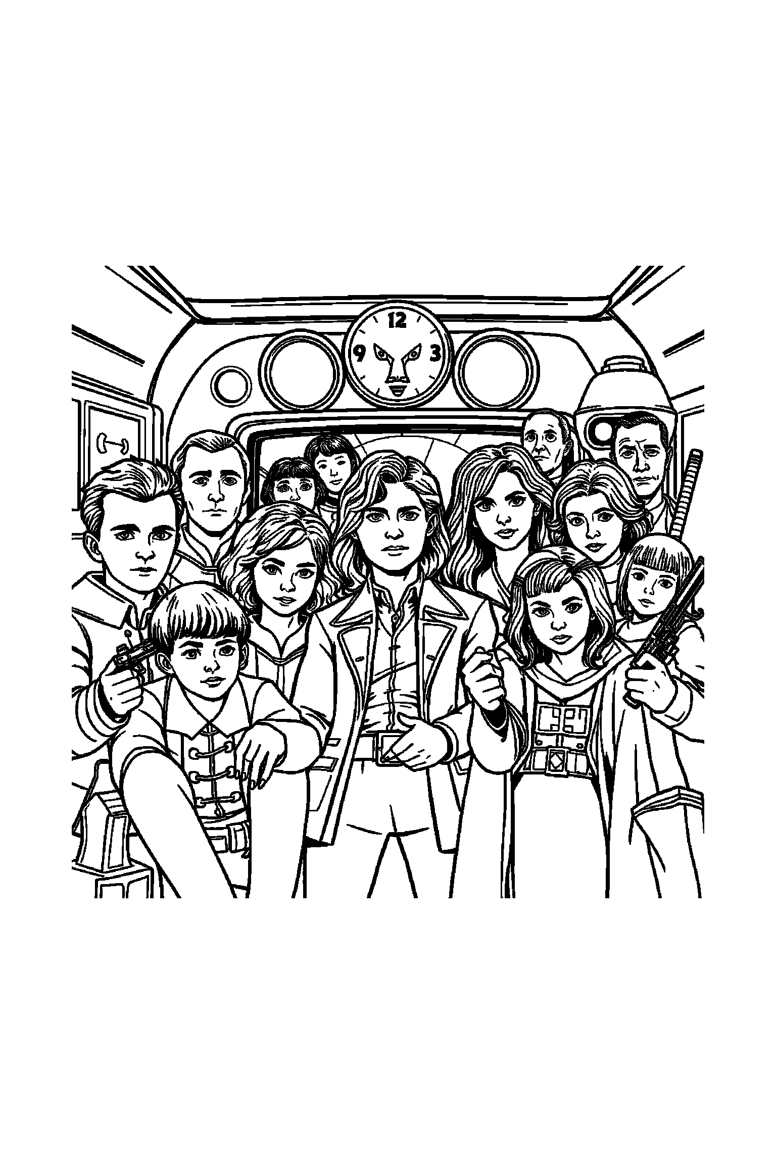 Coloriage Séries TV gratuit à imprimer - un aventurier souriant devant un grand motif lumières Coloriage Séries TV gratuit à imprimer : un aventurier souriant devant un grand motif lumières