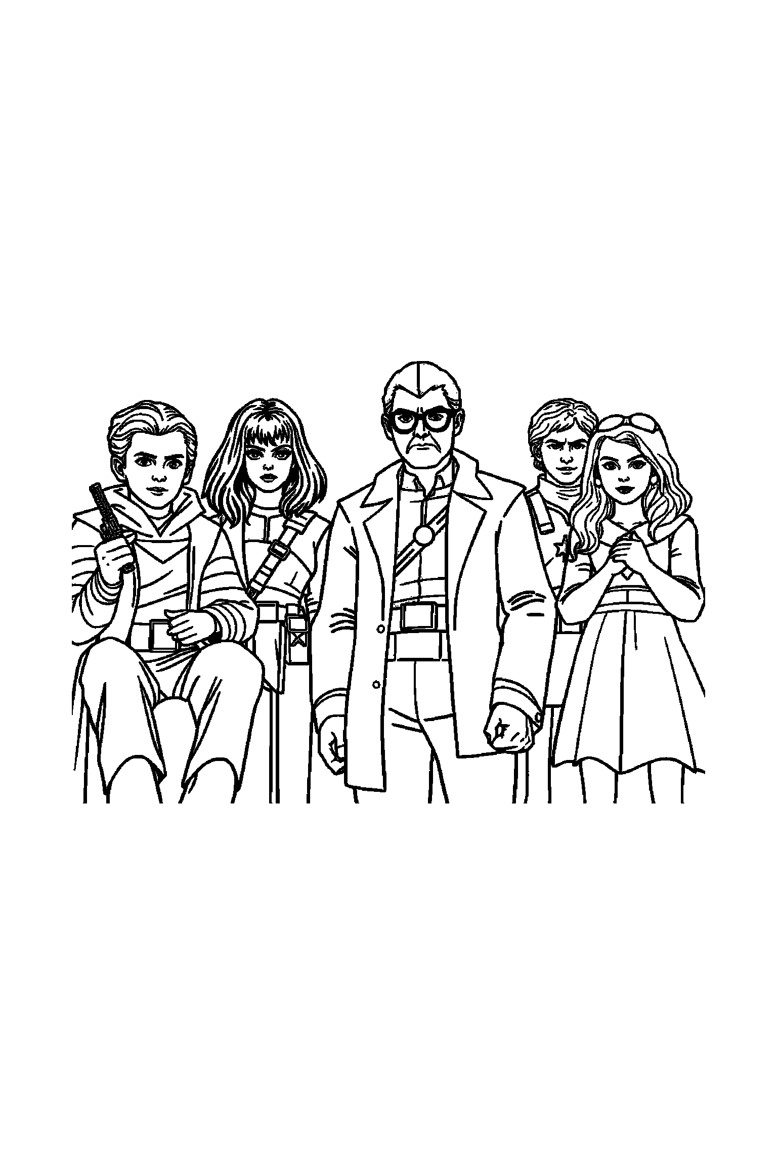 Coloriage Séries TV gratuit à imprimer - une équipe de héros dans une pose de profil simple Coloriage Séries TV gratuit à imprimer : une équipe de héros dans une pose de profil simple
