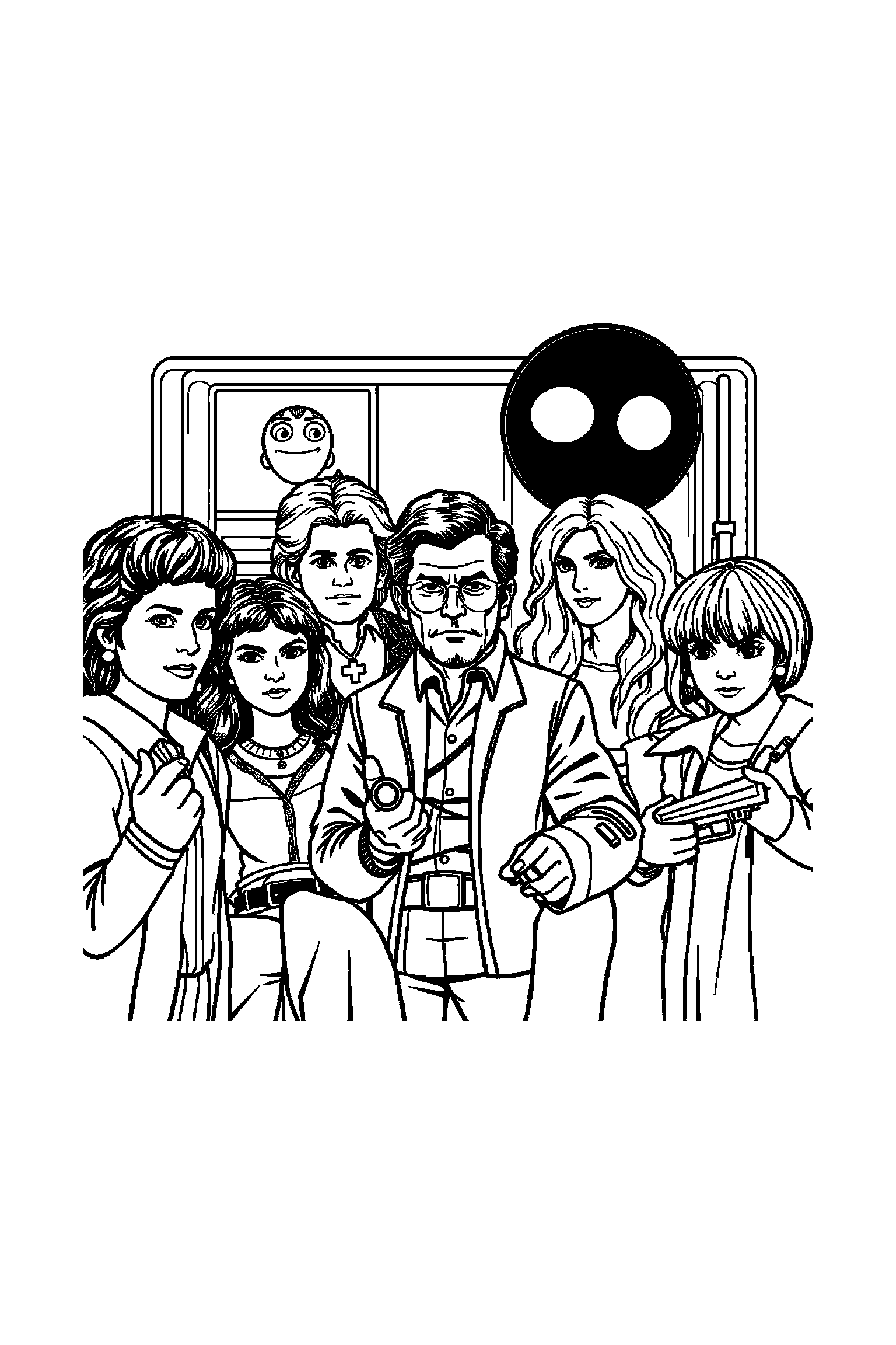 Coloriage Séries TV gratuit à imprimer - une enquêtrice avec une télécommande et des motifs cadres Coloriage Séries TV gratuit à imprimer : une enquêtrice avec une télécommande et des motifs cadres