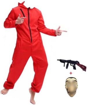 Costume Casa de papel adulte rouge Voleur de banque avec masque et pistolet jouet