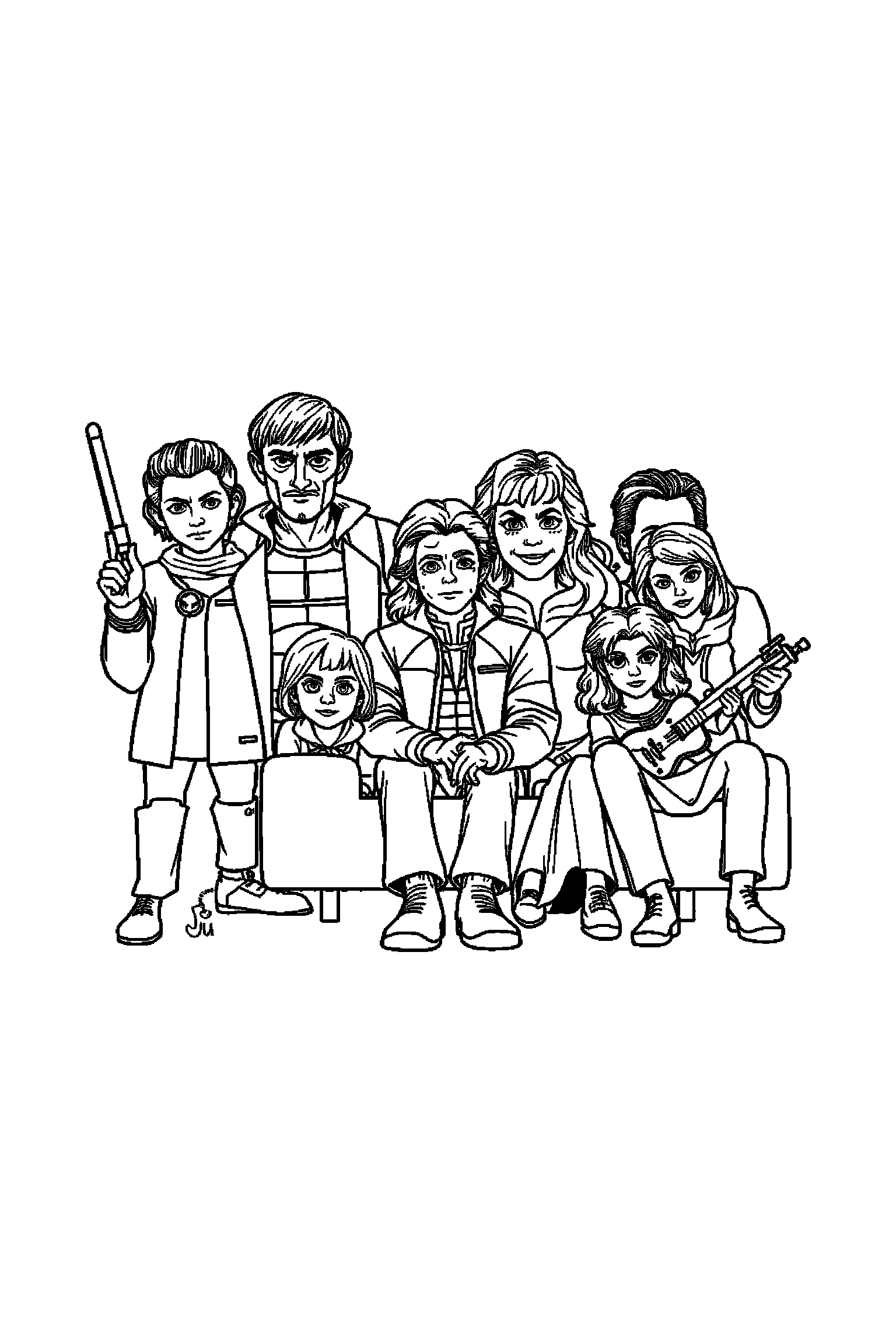 Coloriage Séries TV gratuit à imprimer - scène verticale avec un aventurier et les personnages de séries Coloriage Séries TV gratuit à imprimer : scène verticale avec un aventurier et les personnages de séries