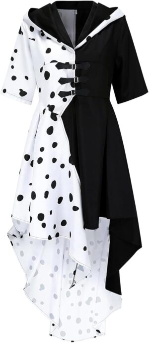 Costume Cruella Deville femme noir et blanc avec cardigan robe à capuche