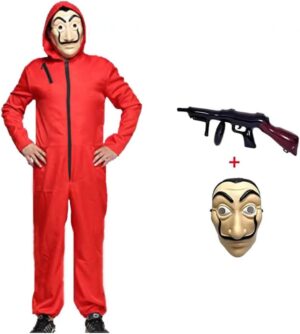 Déguisement Breaking Bad de voleur de banque rouge avec capuche, masque et accessoire gonflable