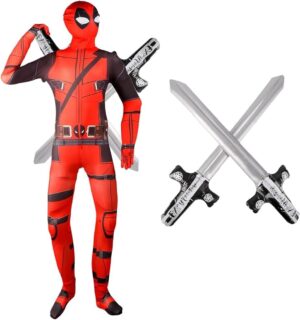 Déguisement enfant Deadpool rouge M avec combinaison, couvre-chef et épées gonflables