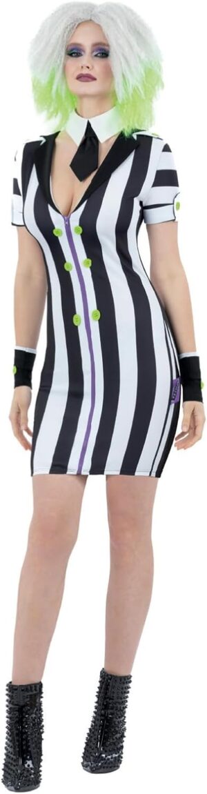 Costume adulte Beetlejuice Warner Brothers à rayures noires et blanches avec veste, pantalon et cravate