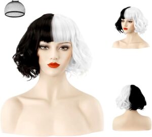 Perruque courte bouclée Cruella noir et blanc avec filet