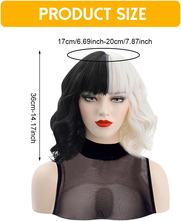 Perruque bob Cruella noir et blanc avec filet réglable 2 pcs – Image 3