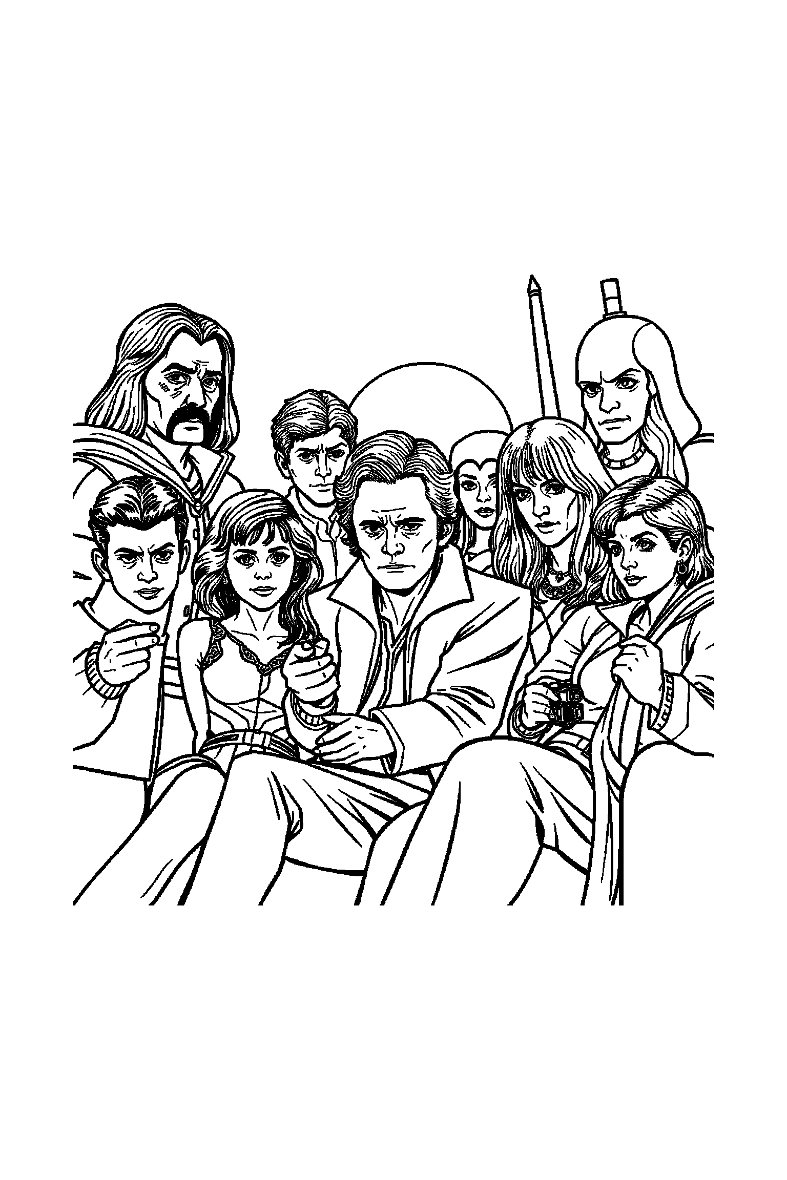 Coloriage Séries TV gratuit à imprimer - les personnages de séries avec arrière-plan complet à colorier Coloriage Séries TV gratuit à imprimer : les personnages de séries avec arrière-plan complet à colorier