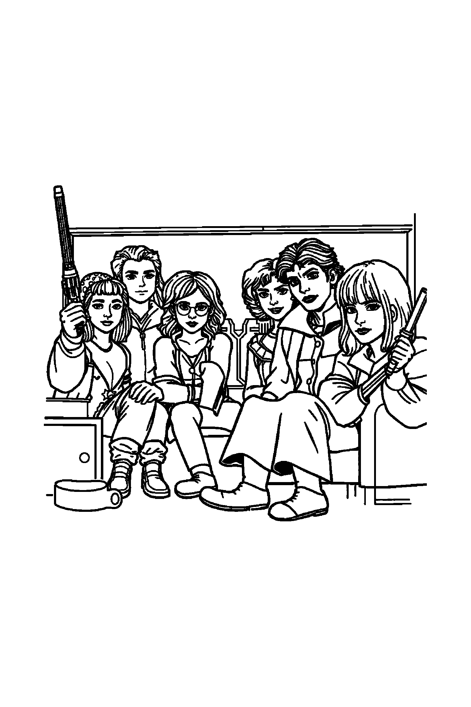 Coloriage Séries TV gratuit à imprimer - une équipe de héros entouré de motifs rétro et petits détails Coloriage Séries TV gratuit à imprimer : une équipe de héros entouré de motifs rétro et petits détails