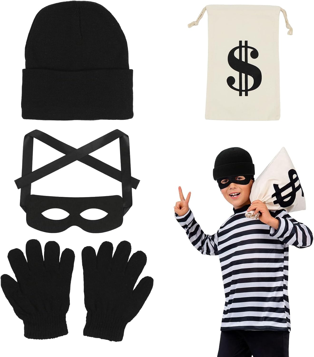 Déguisement enfant Casa de Papel voleur avec sac dollar et accessoires