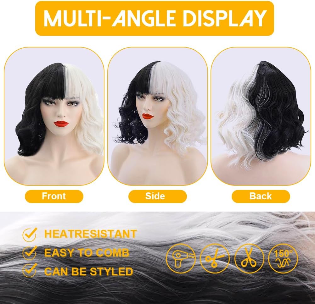 Perruque bob Cruella noir et blanc avec filet réglable 2 pcs – Image 5