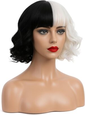 Perruque Cruella bouclée demi noir demi blanc 32 cm