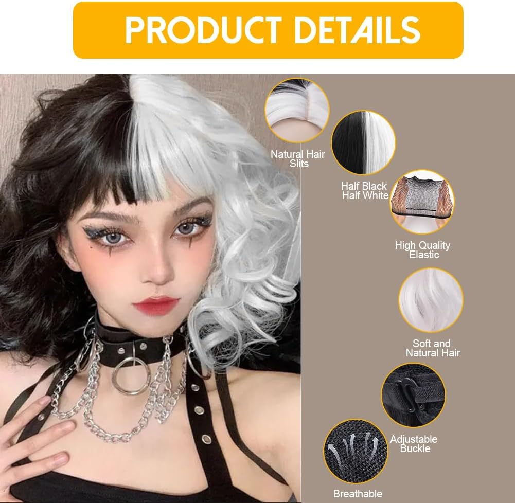 Perruque courte bouclée Cruella noir et blanc avec filet – Image 2