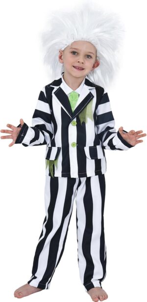 Costume Beetlejuice fantôme noir et blanc avec perruque et cravate