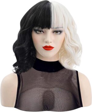 Perruque bob Cruella noir et blanc avec filet réglable 2 pcs