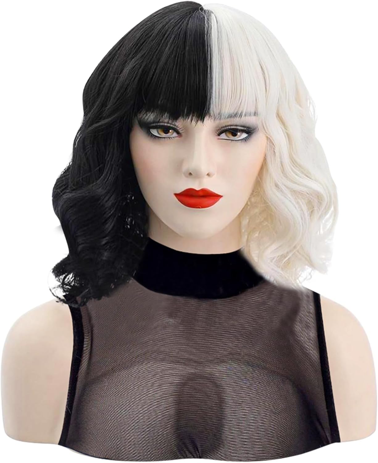Perruque bob Cruella noir et blanc avec filet réglable 2 pcs