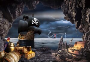 Toile de fond vinyle Pirate des Caraïbes bateau pirate et trésor