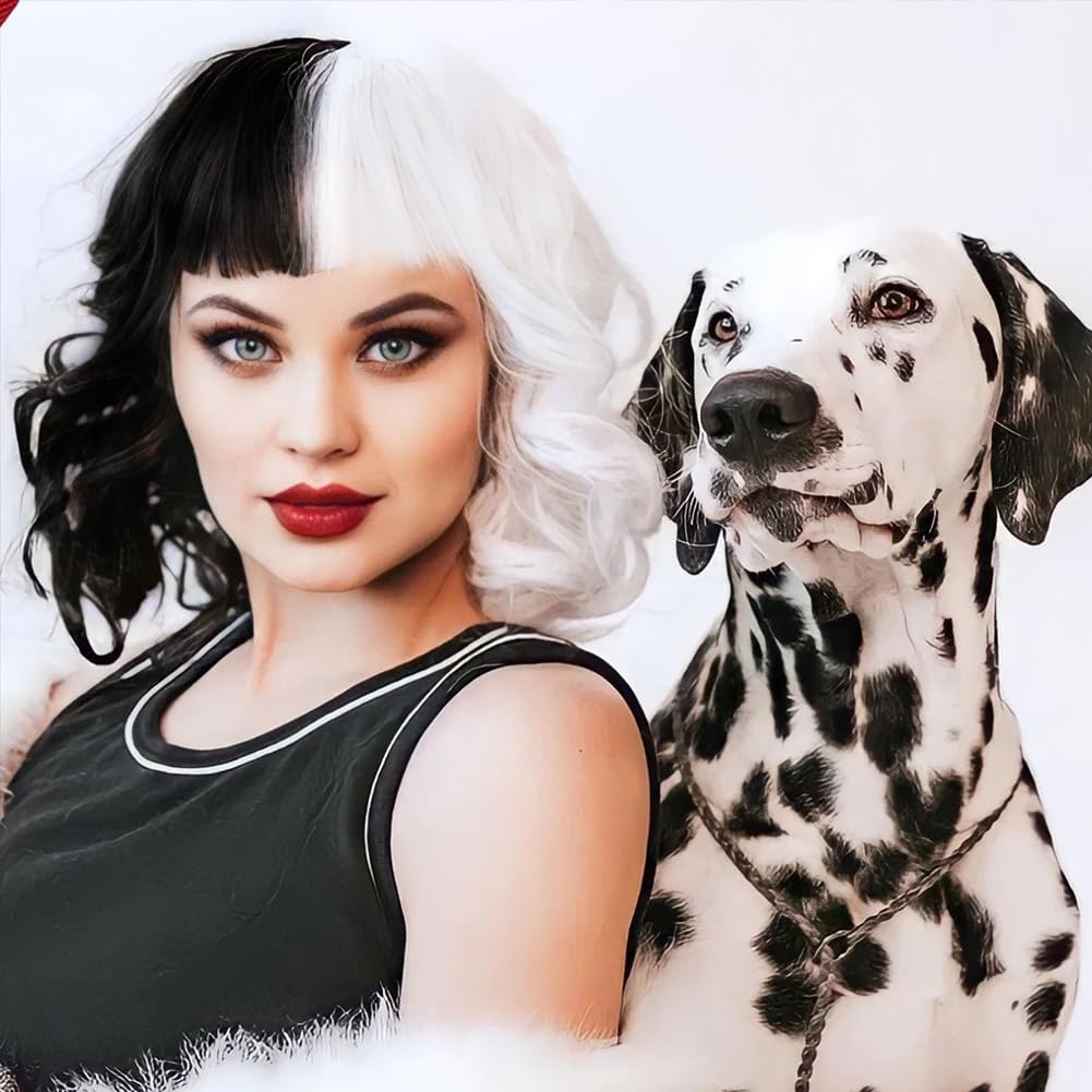 Perruque bob Cruella noir et blanc avec filet réglable 2 pcs – Image 6