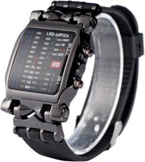 Montre bracelet binaire LED carrée avec calendrier et sangle en PU