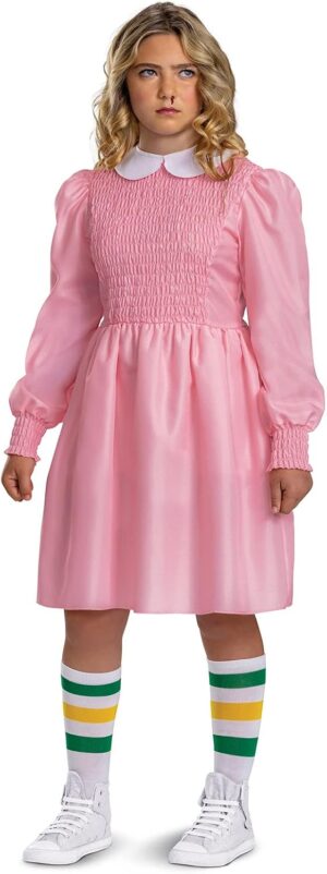 Costume enfant Eleven Stranger Things avec robe rose, 10 à 12 ans