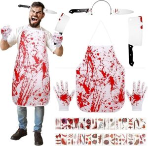 Costume de boucher Halloween avec tablier, gants, couteau sanglant et 30 tatouages