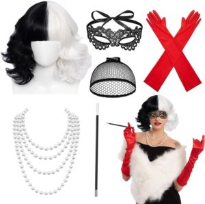 Déguisement femme Cruella d'Enfer avec perruque et 6 accessoires années 1970