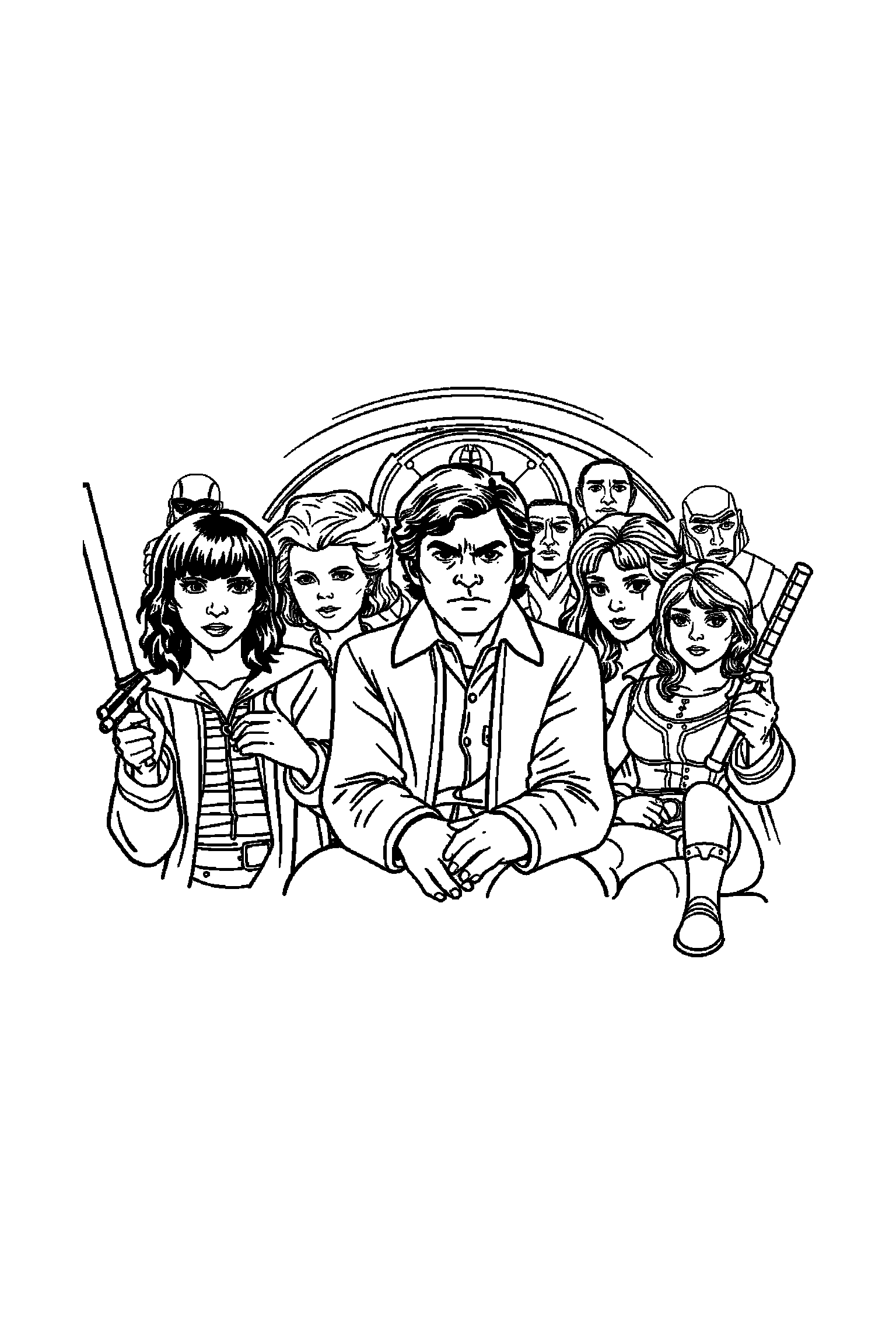 Coloriage Séries TV gratuit à imprimer - grand coloriage détaillé de une équipe de héros avec motifs rétro Coloriage Séries TV gratuit à imprimer : grand coloriage détaillé de une équipe de héros avec motifs rétro