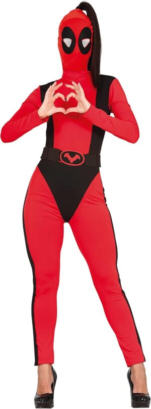 Déguisement femme Deadpool avec capuche, combinaison et ceinture