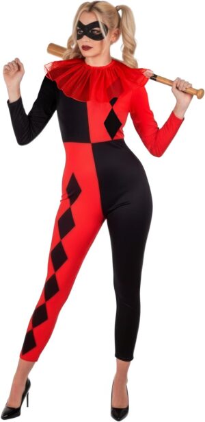 Costume Arlequin femme avec masque noir et col à volants