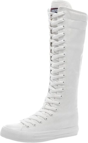 Bottes Harley Quinn en toile blanc noir, genou haut zippées