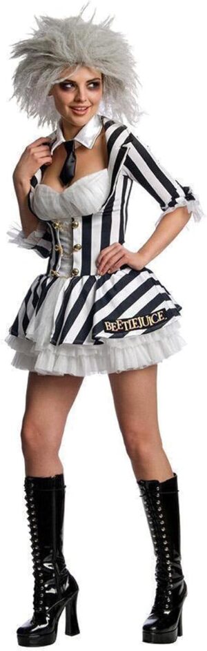 Costume femme Beetlejuice Rubies avec perruque et robe noire et blanche