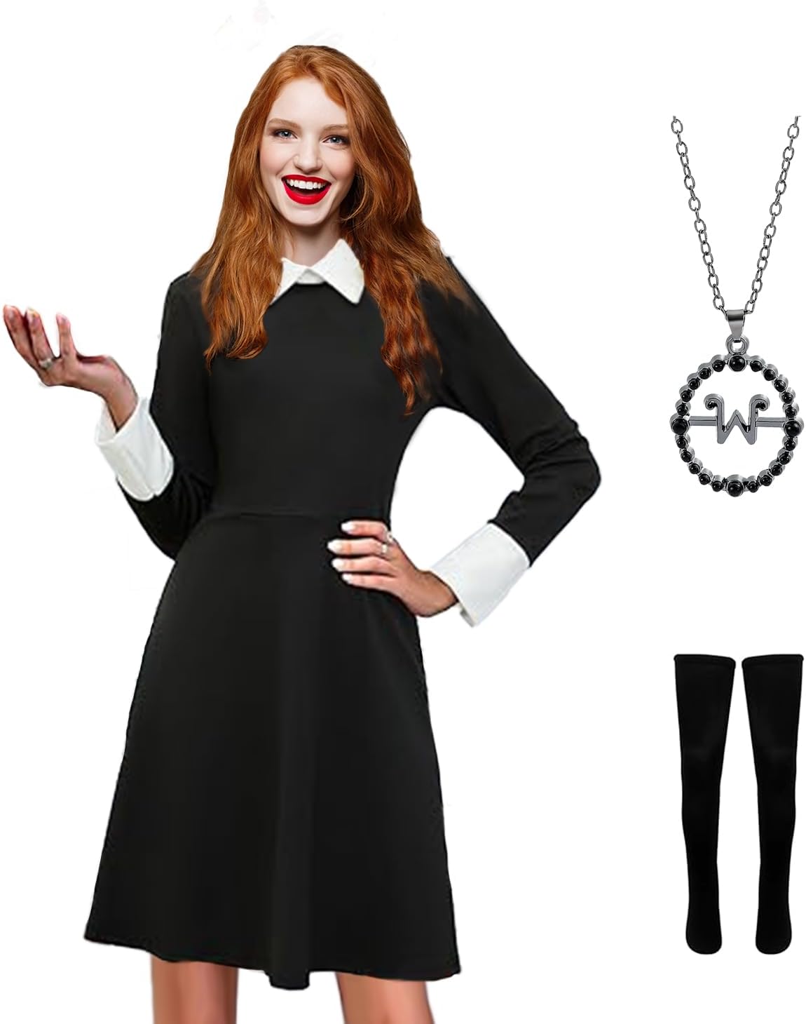 Robe noire Harley Quinn femme avec bas noirs et collier, taille L