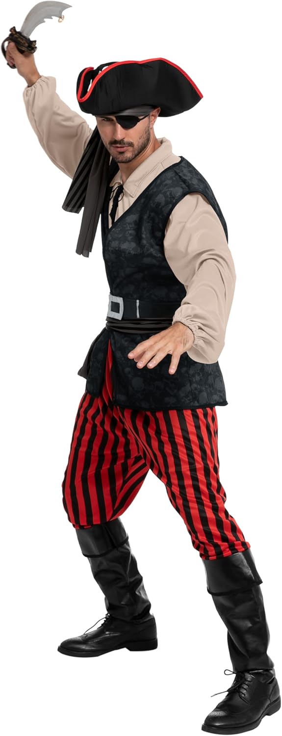 Costume de pirate Capitaine Crochet pour homme avec chemise kaki et accessoires – Image 3