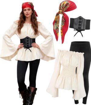 Costume pirate médiéval femme Kasahara avec corset et épaules dénudées