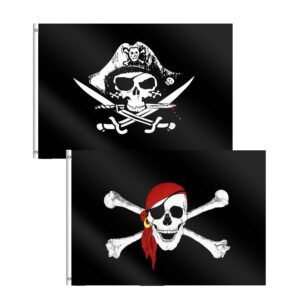 Ensemble Pirate des Caraïbes : 2 drapeaux 60x90 cm avec bandana rouge et pavillon corsaire Crâne des Caraïbes