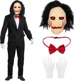 Set Saw pour Halloween : masque en latex avec gants blancs et nœud papillon