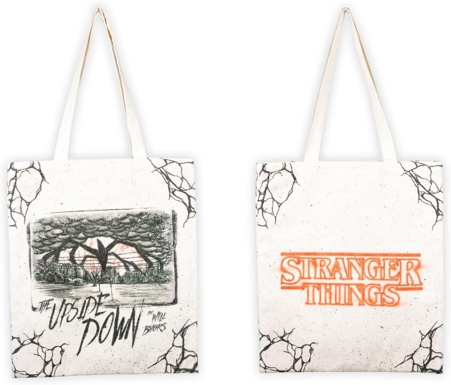Sac tote bag Stranger Things Upside Down blanc à longues poignées