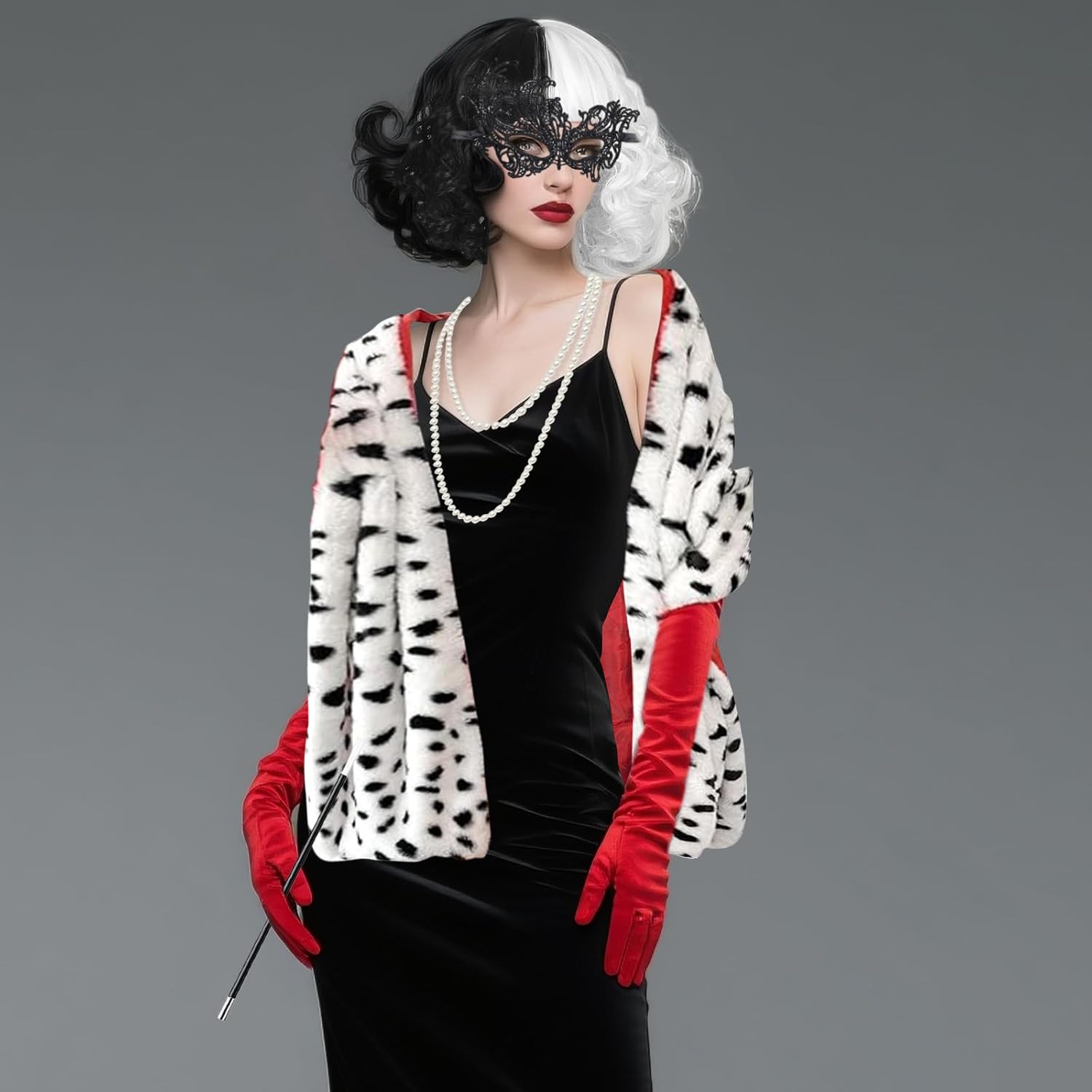 Déguisement Cruella femme 7 pièces avec perruque noir blanc – Image 4