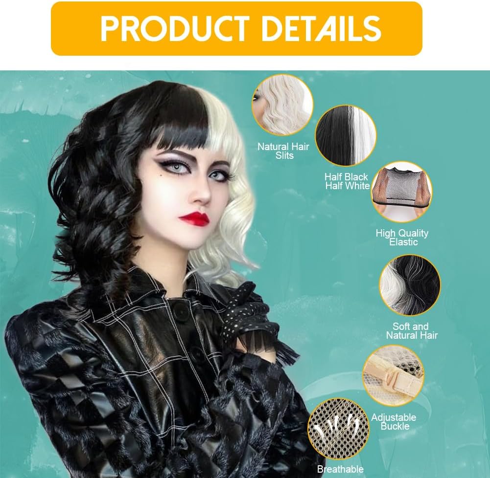Perruque bob Cruella noir et blanc avec filet réglable 2 pcs – Image 2