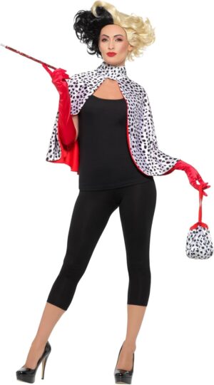Kit Cruella Madame Diabolique de luxe noir et blanc avec cape, sac, gants et porte-cigarette