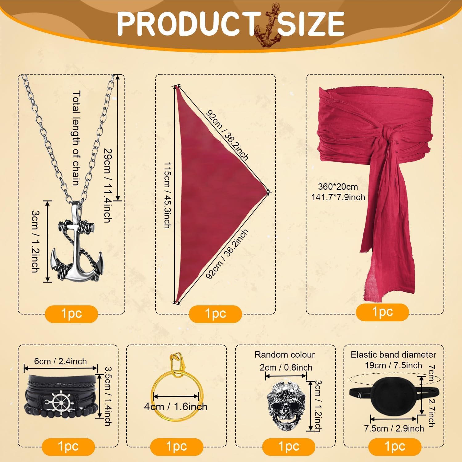 Accessoires de pirate 7 pièces avec bandana et ceinture Ginkago – Image 2