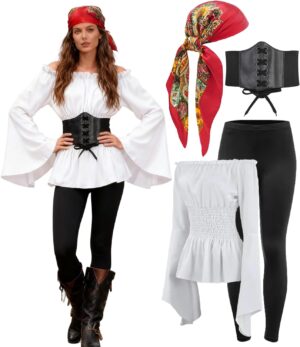 Costume pirate médiéval femme à épaules dénudées avec corset et leggings