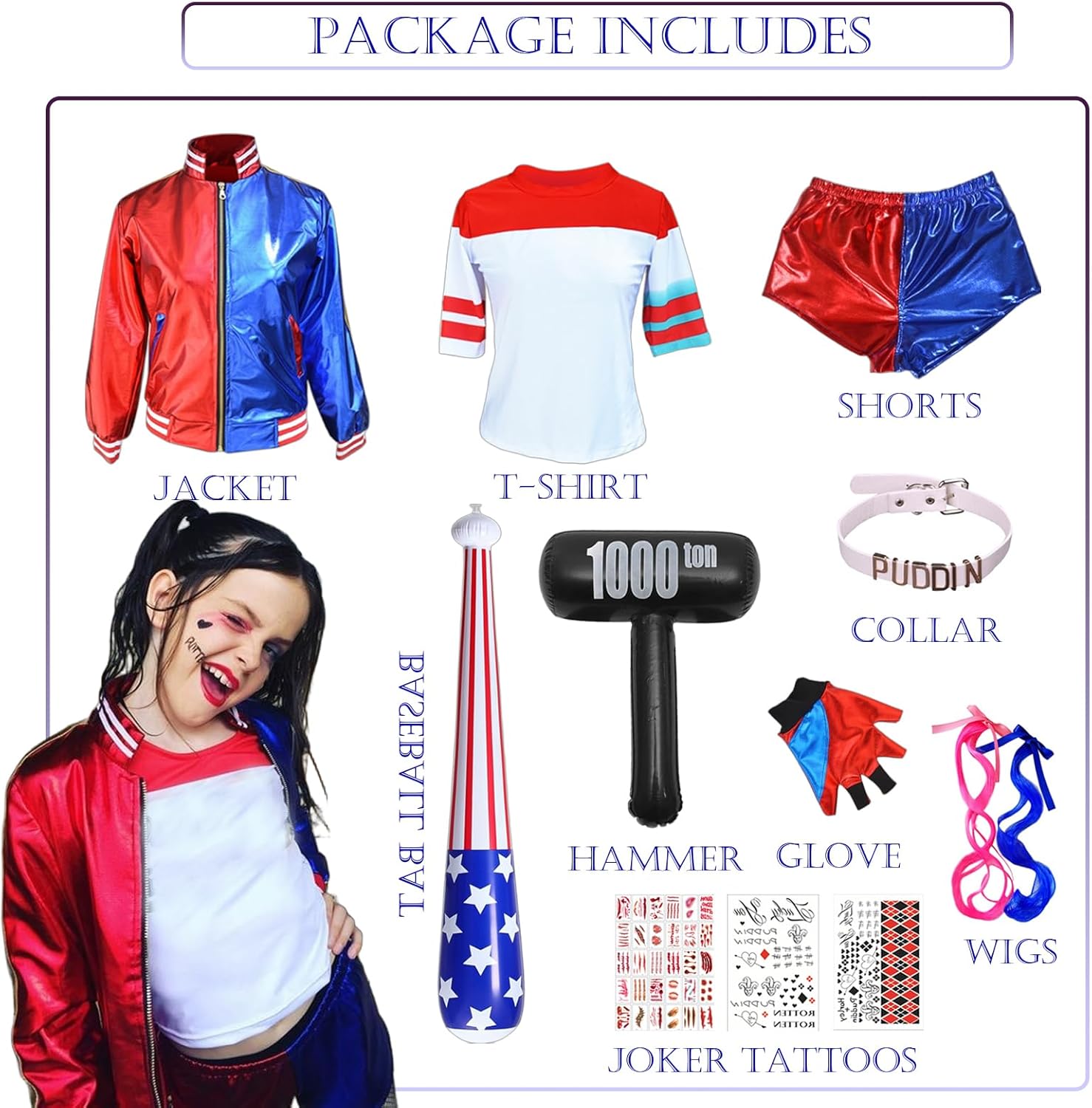 Déguisement Harley Quinn enfant avec accessoires et short – Image 3