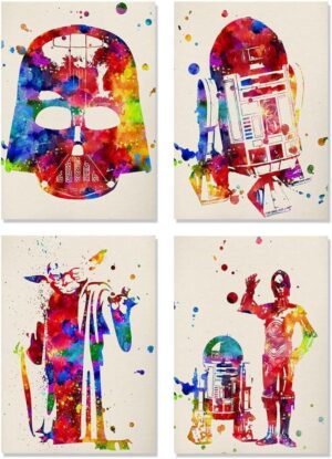 Set de 4 affiches aquarelle Star Wars avec Yoda, R2D2, C3PO et Dark Vador