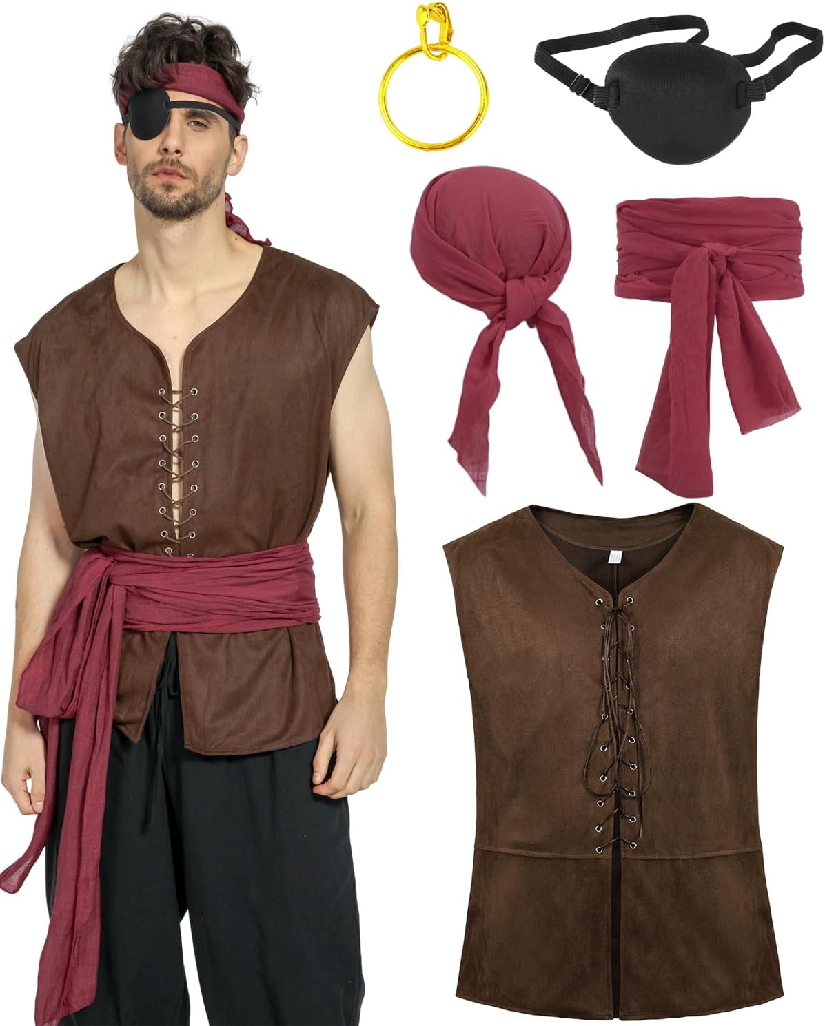 Costume de pirate homme style Renaissance avec gilet rétro et accessoires